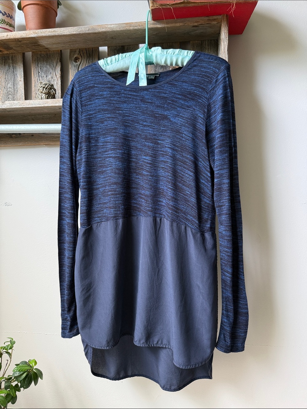 Vince Mixed Media Silk Navy Blue  Long Sleeve Top XS